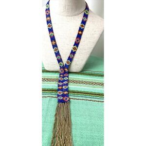 Boho Handcrafted Blue Seed Bead Loom Woven Geometric Tassel Fringe Necklace